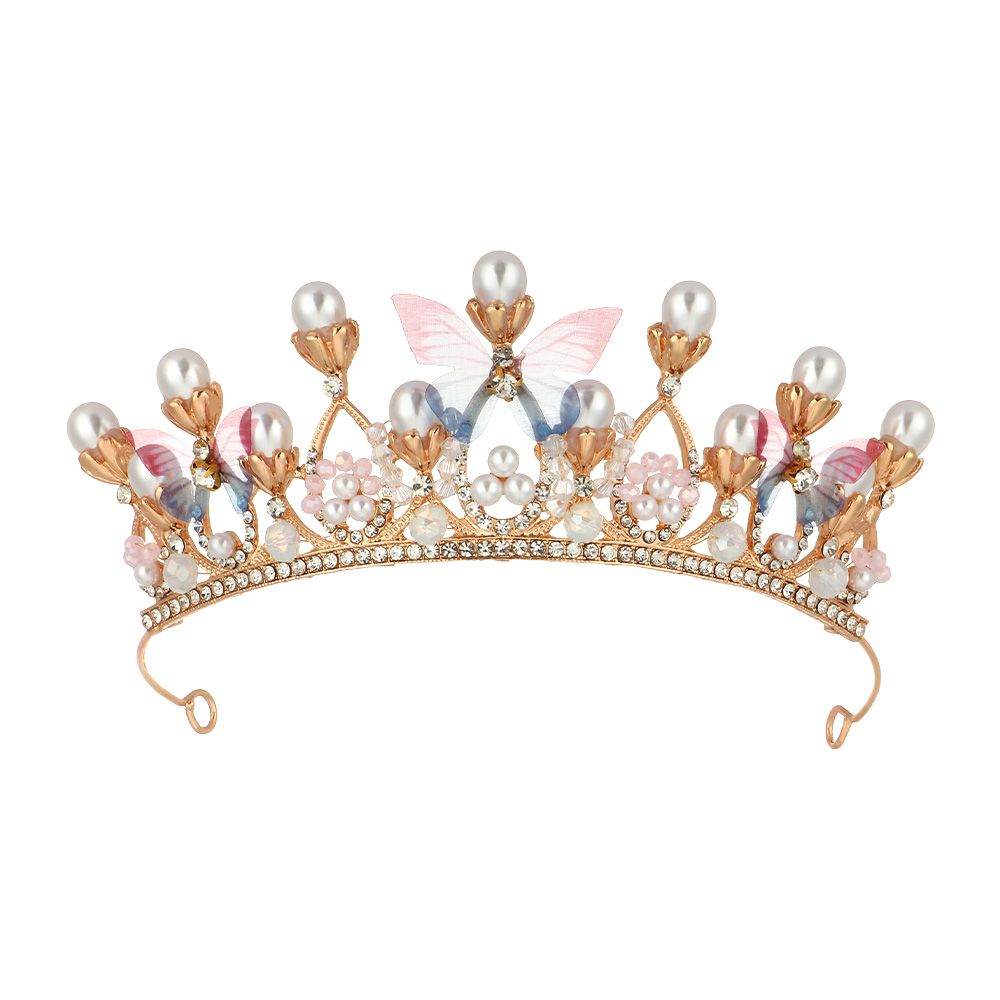 Girls Princess Crown Butterfly Tiaras for Girls Birthday Crystal Crown Performance Wedding Model Catwalk Pearl Rhinestone Tiara