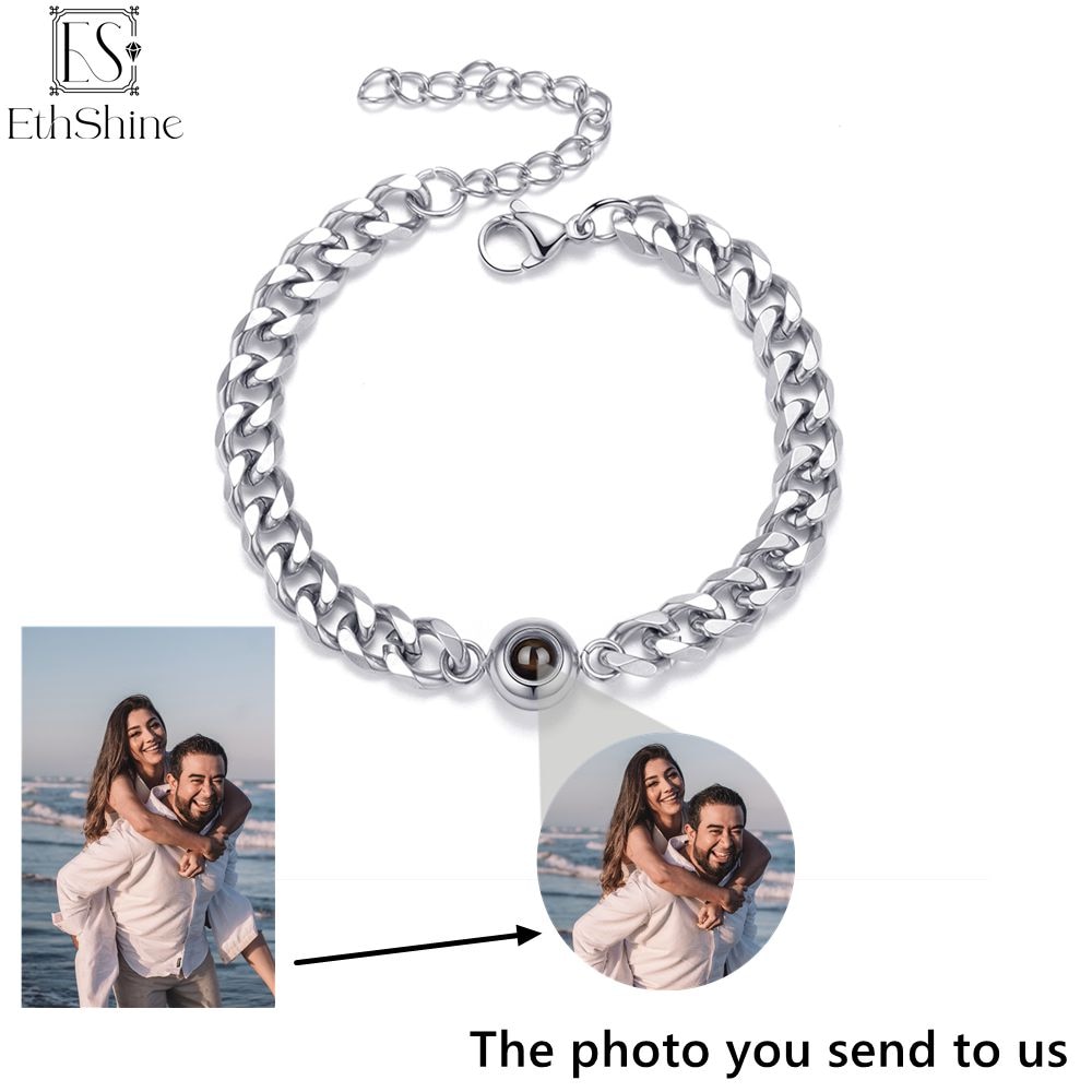 EthShine Custom Circle Pendant Projection Photo Bracelet Couple Jewelry Memorial Gift For Him Personalized Cuban Chain Bracelet