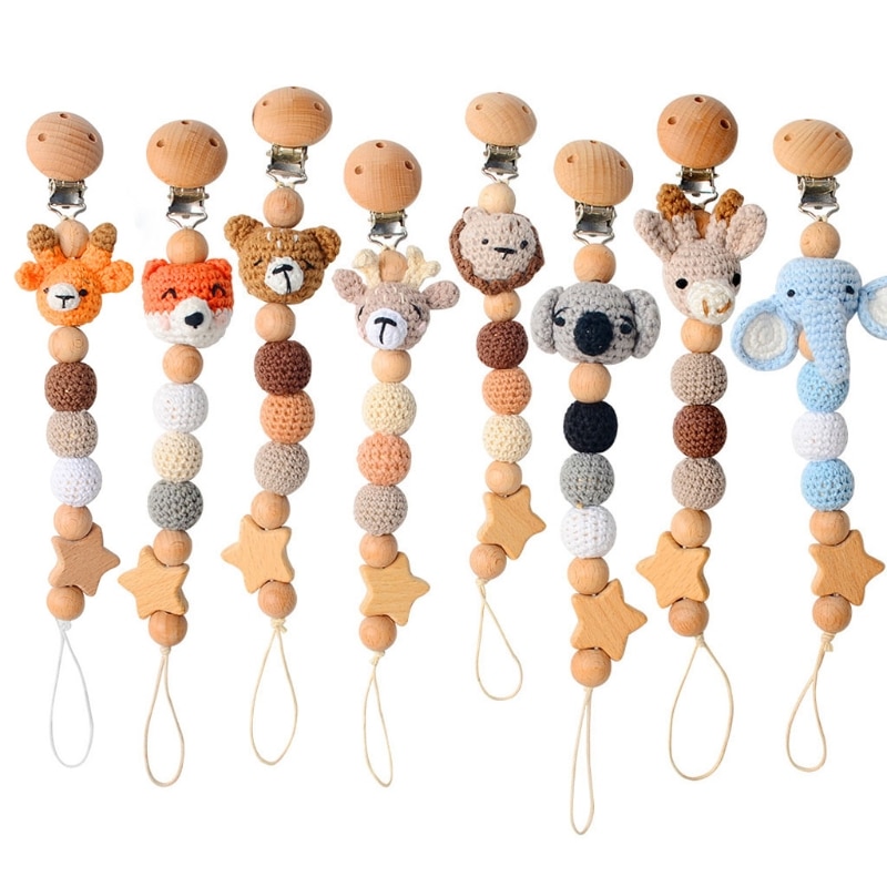 Baby Pacifier Chain Clip Crochet Cartoon Animals Nursing Teether Soother Holder Beech Wood Clip DIY Dummy Nipple Holder