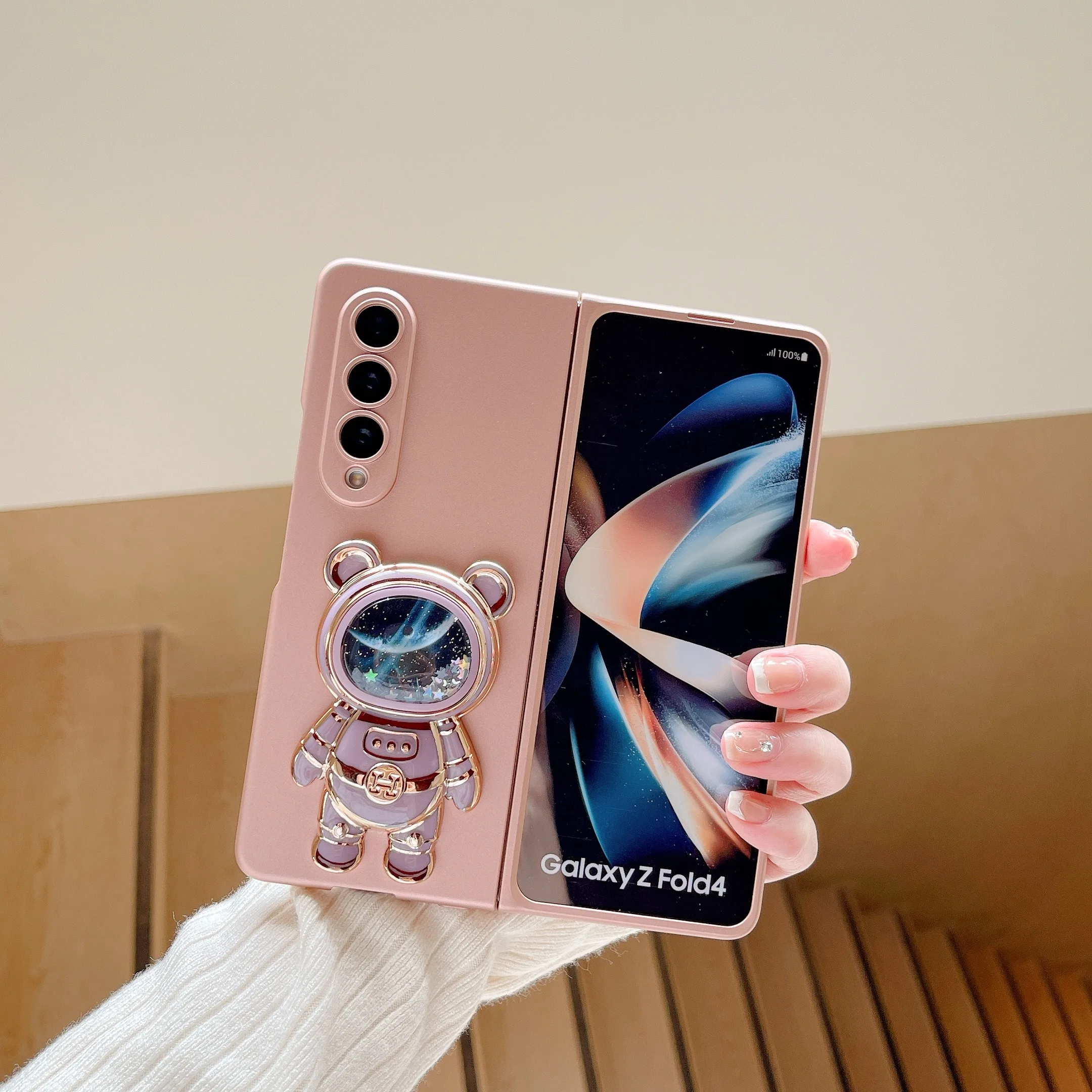 Quicksand Space Astronaut Holder Tempered Screen Film Phone Case For Samsung Galaxy Z Fold 4 Stand Z