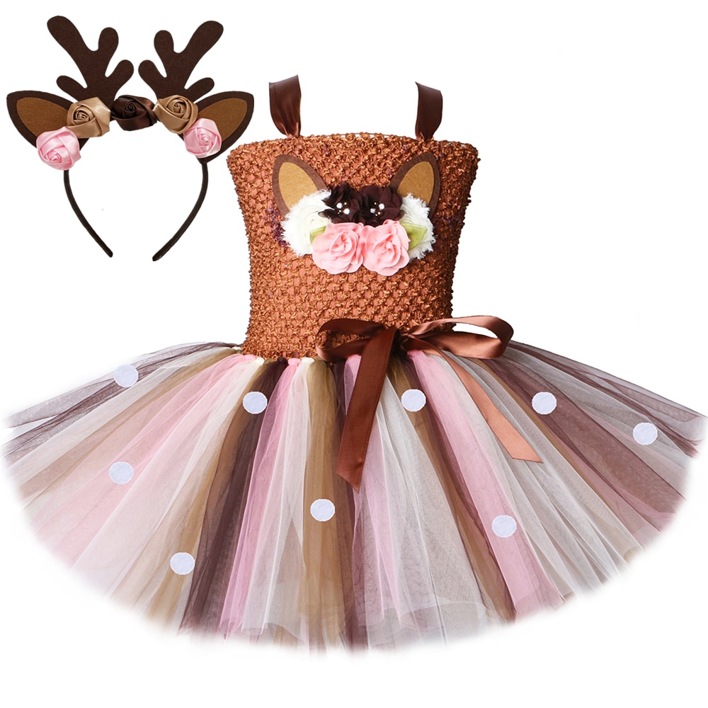 Flowers Deer Tutu Dress for Baby Girls Christmas Clothes Fancy Halloween Holiday Party Elk Reindeer Costume Kids Animal Outfit