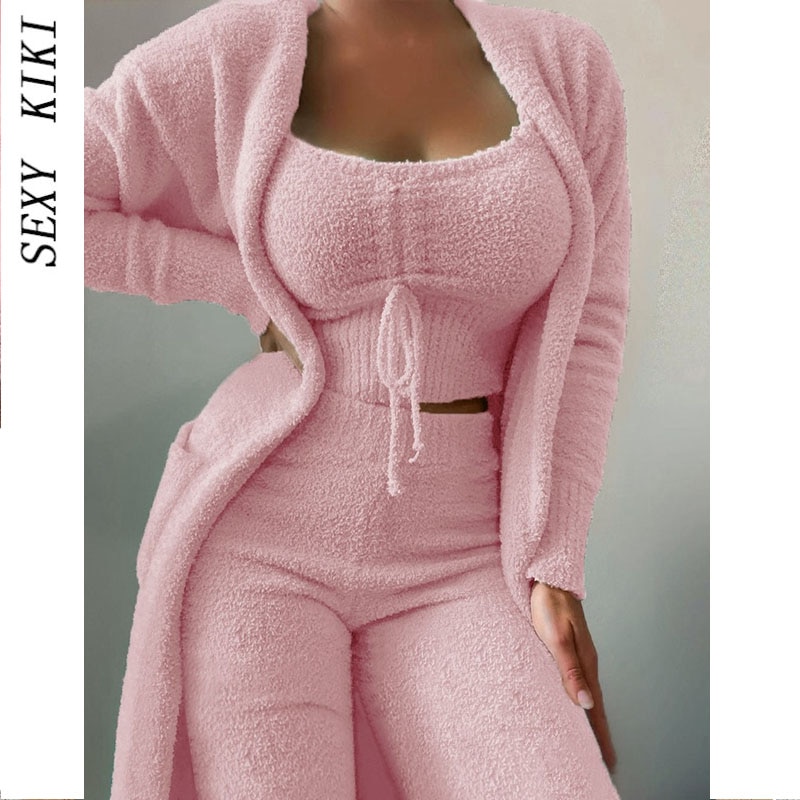2022 New Autumn Winter Women's Velvet Pajamas Set Crop Top+Long Pants+Coat 3 Pieces Warm Soft Fleece Homewear Christmas Pyj