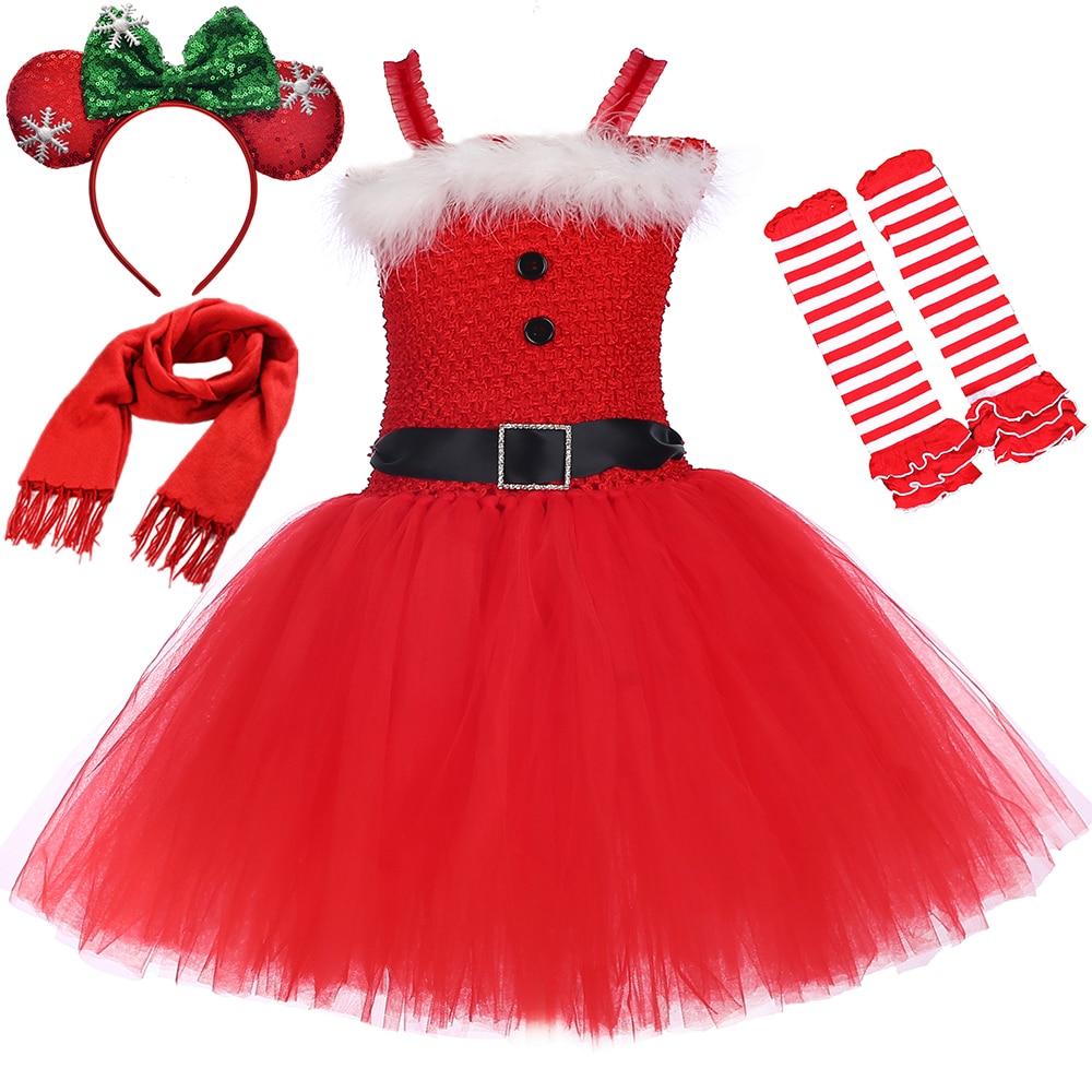 Girls Christmas Santa Claus Costume Red Kids Christmas Party New Year Tutu Dress Outfit Toddler Baby Girl Fancy Xmas Clothes Set