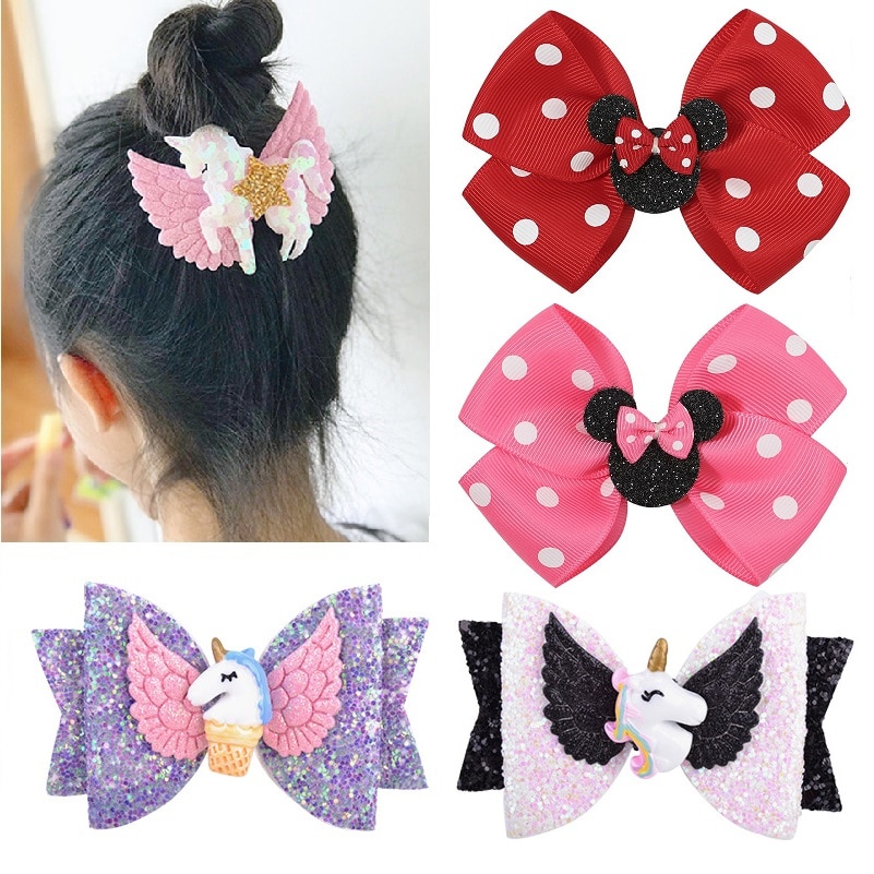 New unicorn Cute Cartoon Ribbon Bowknot Hair Clips for Baby Girls Handmade Bows Hairpin Barrettes Headwear Kids Hair Accessories