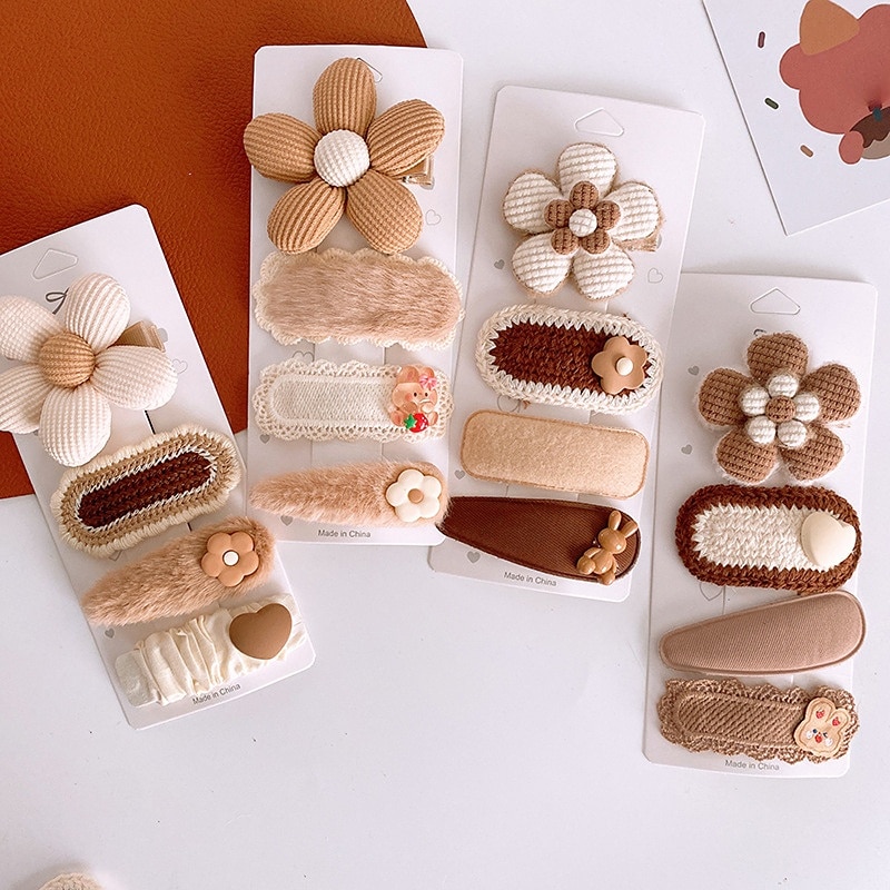 4Pcs/Set Coffee Warm Color Cute Flower Princess Hairpins Girls Kid Hair Clips Barrettes Accessories Hairclip Headwear Headdress