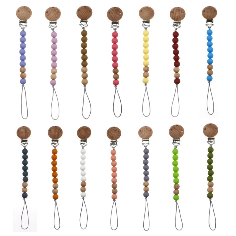 Silicone Baby Pacifier Clips Wooden Dummy Holder Infant Boy Girl Teether Soother Chian Baby Shower Gifts