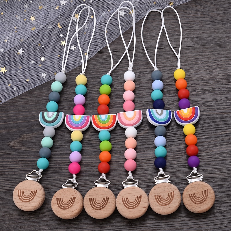 1Pcs Handmade Beech Wooden Baby Pacifier Clip Cartoon Rainbow Silicone Teething Beads Baby Pacifier Chain Teether Toy Chew Gift
