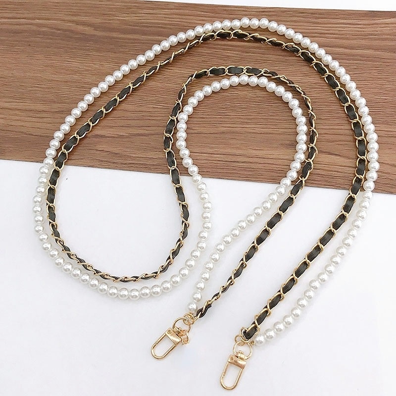 Pearl and Leather Hanging Chain Anti Fall Single Shoulder Double Chain Oblique Strap Chain Hanging Rope Mobile Case Accessories