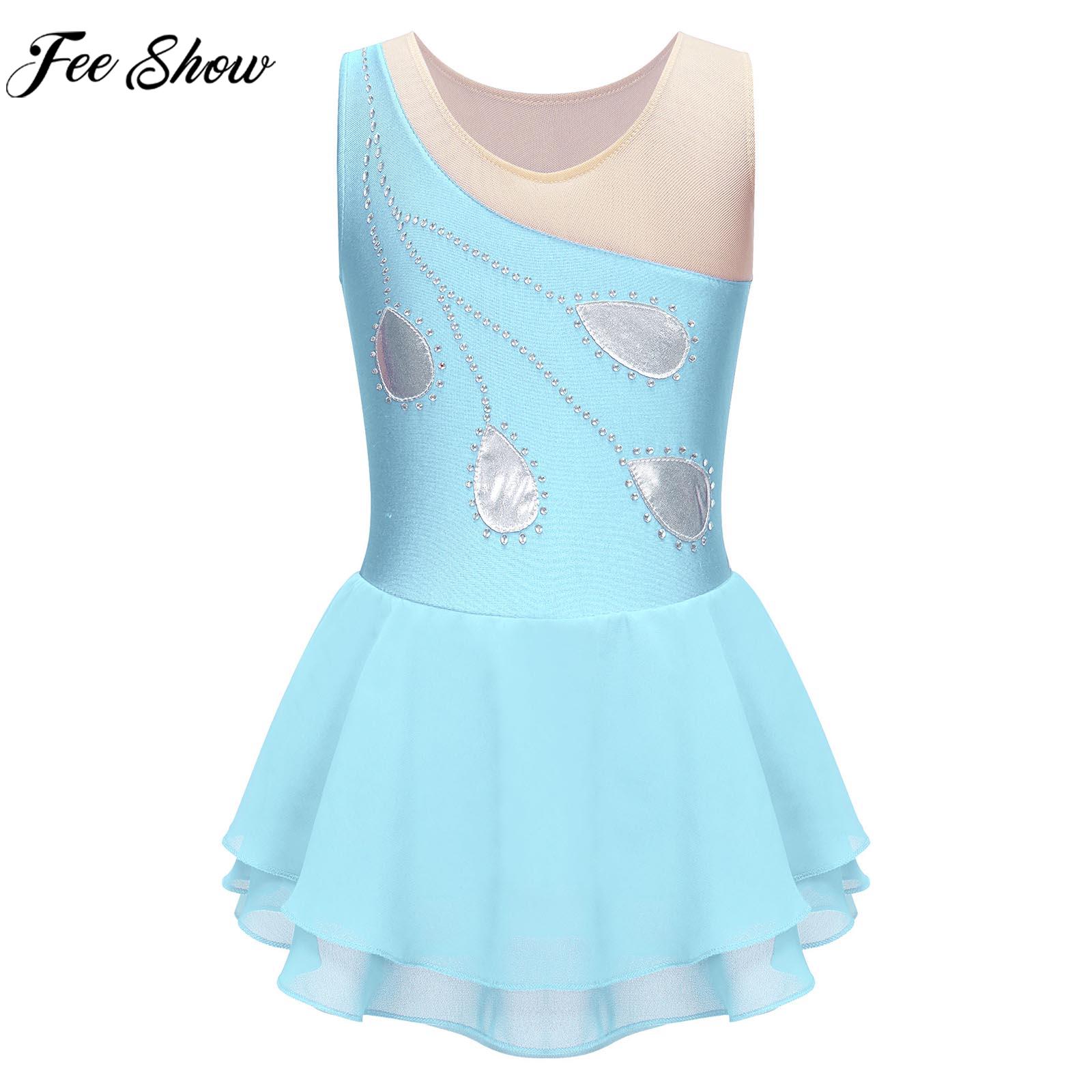 Children Sleeveless Figure Skating Dress Ballerina Girls Ballet Dance Gymnastics Leotard Tutu Party Stage Performance Dancewear
