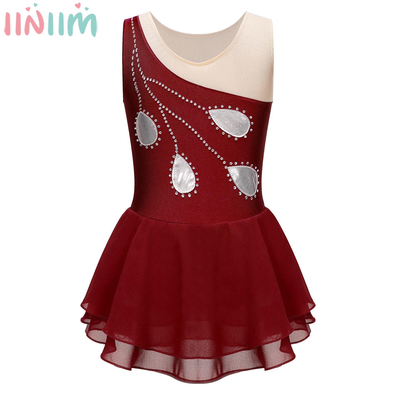 Girls Ballerina Figure Skating Leotard Dress Ballet Dance Gymnastics Tutu Sleeveless Shiny Dancewear Stage Performance Costume