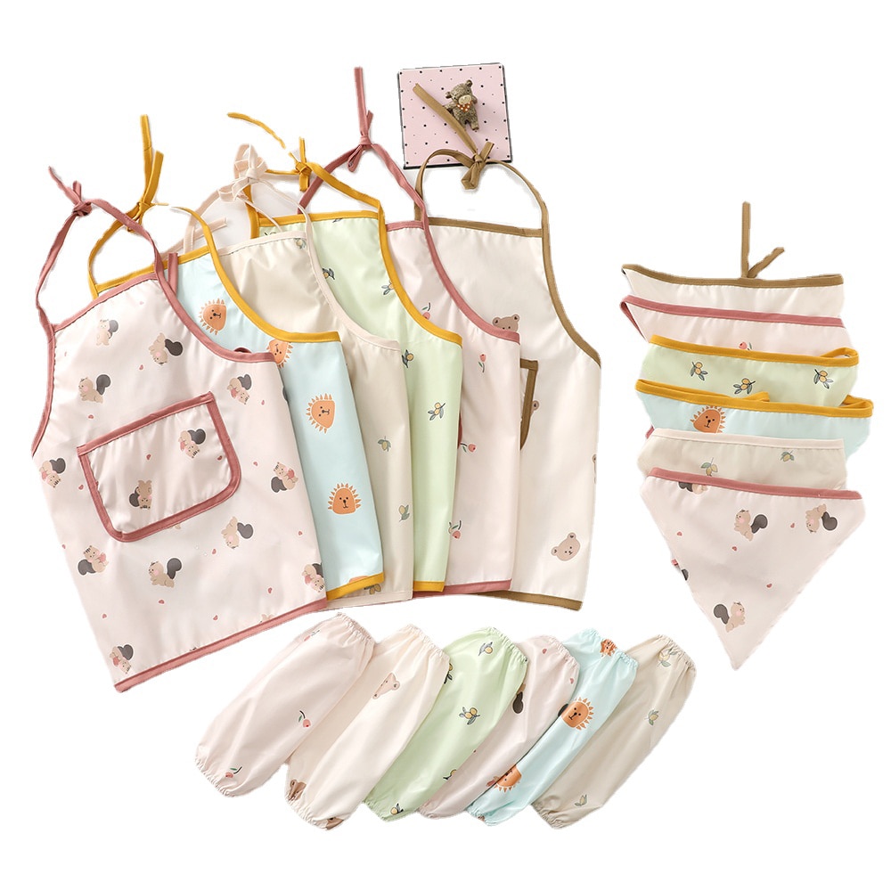 3Pcs Baby Kids Toddler Waterproof and Stain Resistant Apron Bandana Sleeves Art Smock Feeding Bib accessories 6-36 Months
