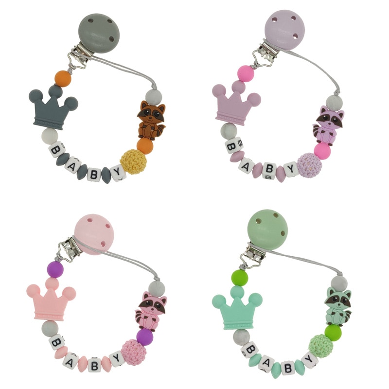 New Personalised Name Custom Silicone Raccoon Pacifier Chain Baby Dummy Clips Holder Safe Teething Chains Gift