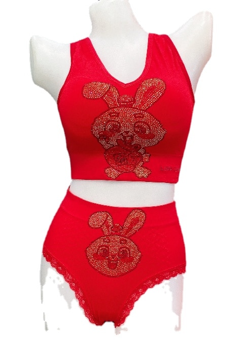 new year Push Up Bra red Set Wireless Padded Bras Underclothes Women rabbit Underwear Set Sexy Lingerie Seamless Thongs
