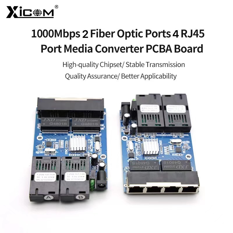 10/100/1000M placa metro fibra Switch Ethernet Fiber Switch Optic Converter 20KM 2 Fiber 4 RJ45 Gigabit PCBA Board SC Singlemode