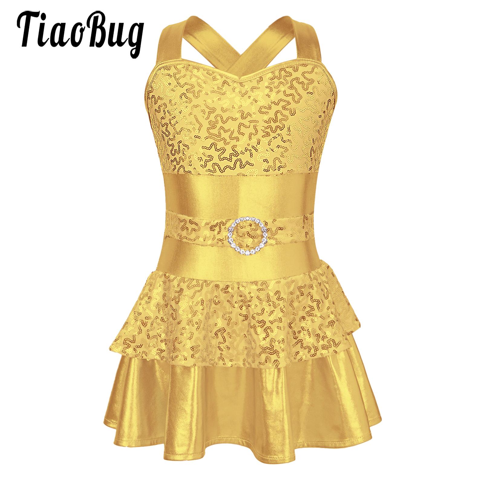 Athletic Dance Dress for Girls Shiny Gymnastics Leotard Skating Outfit Ballet Tutu Skirt Ballerina Bodysuit Dance Party Costume