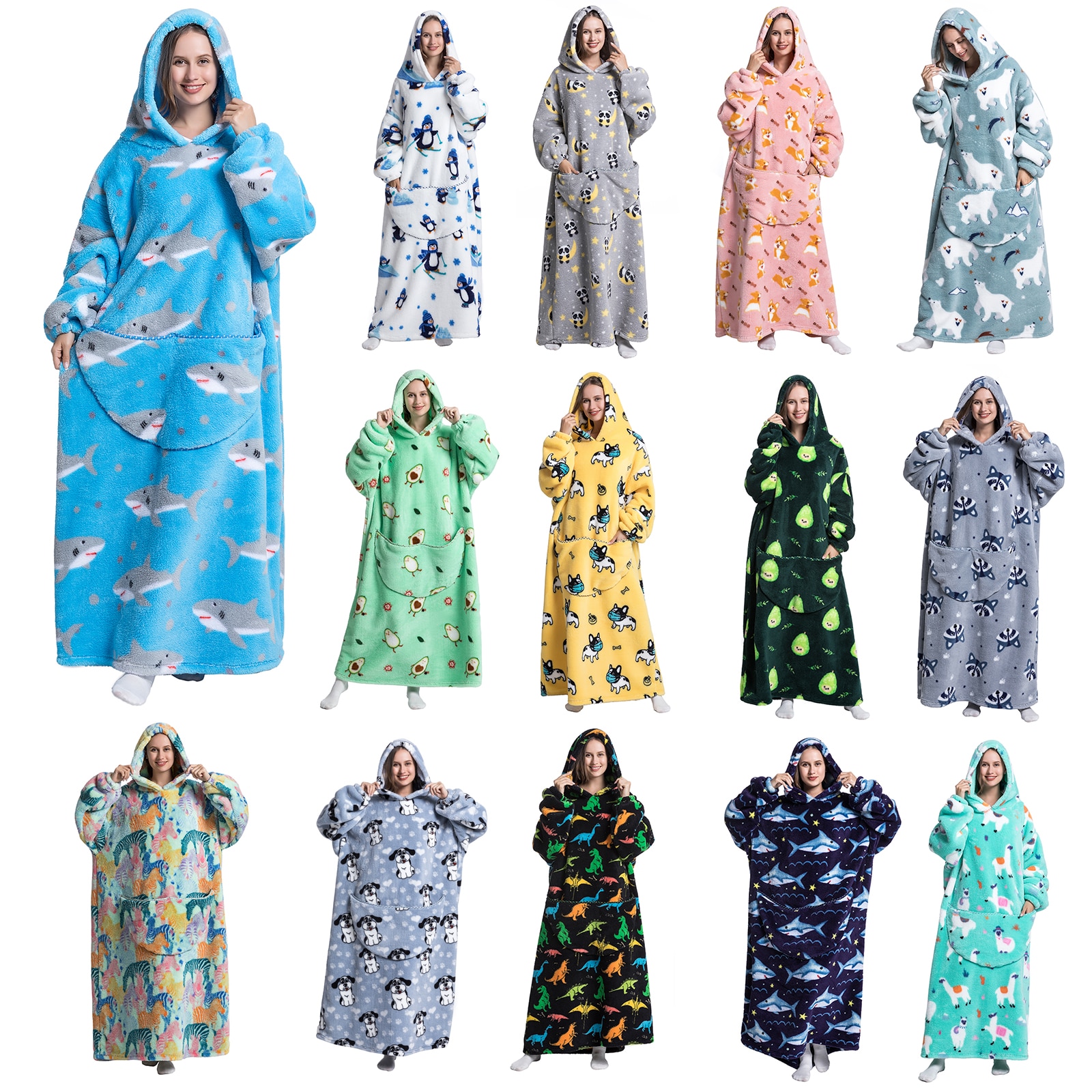 Women Pajama Robes Nightwear Long Oversized Winter Hoodie TV Blanket Plush Flannel Warm Homewear Sweatshirt