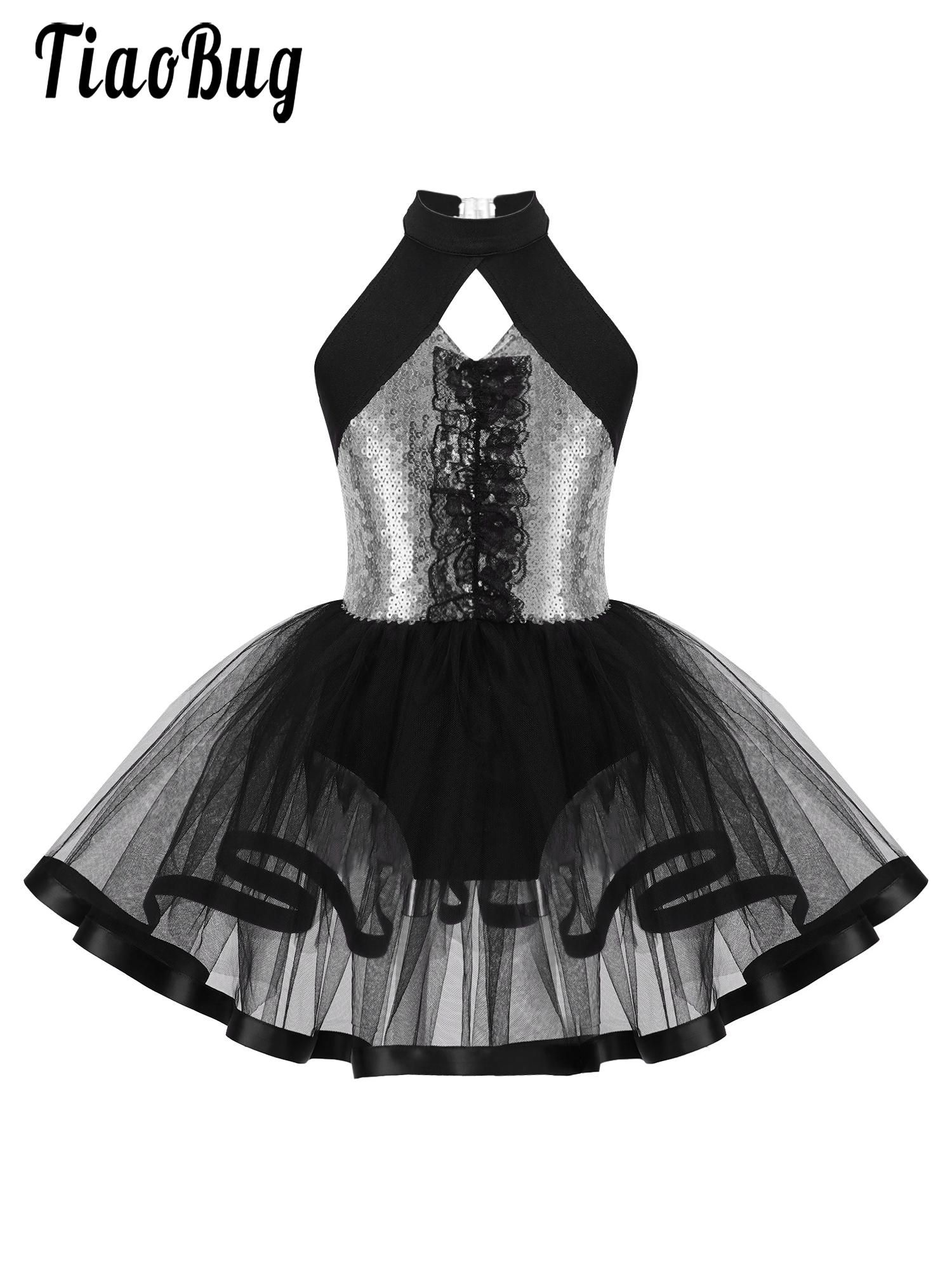Kids Girls Sequin Ballet Dance Dress Shiny Sleeveless Hollow Back Tutu Mesh Skirts Dresses for Birthday Party Dance Performance
