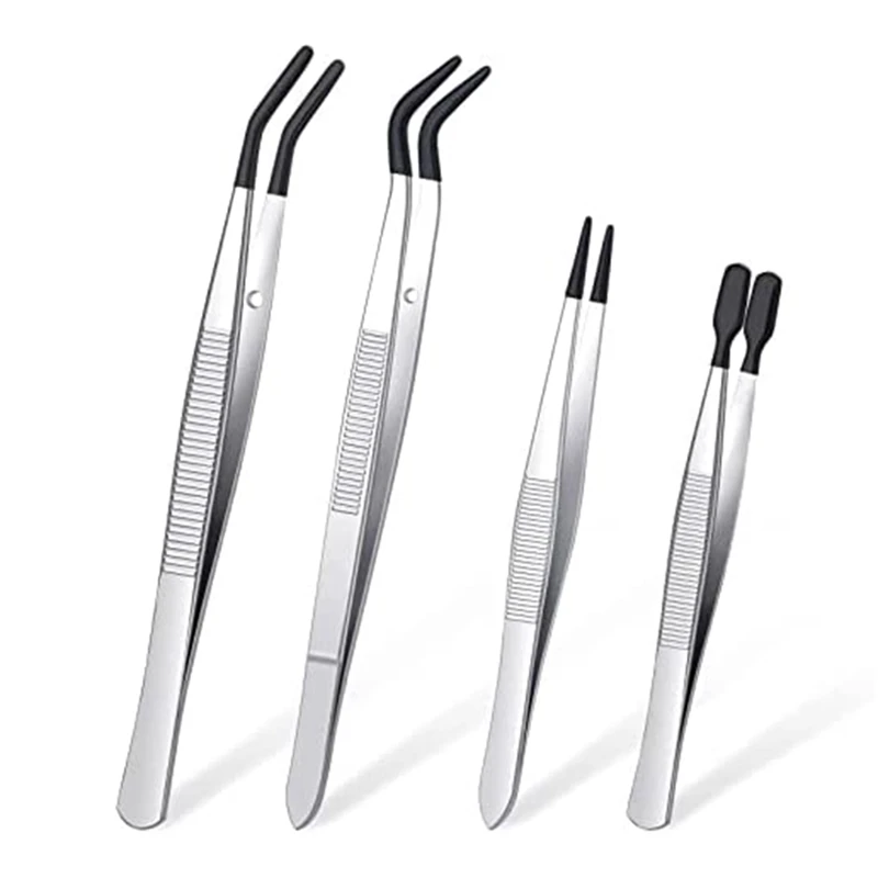 4 Pieces Tweezers Set With Rubber Tips Tweezers Rubber Flat Tip Tweezer For Jewelry Hobby Industrial