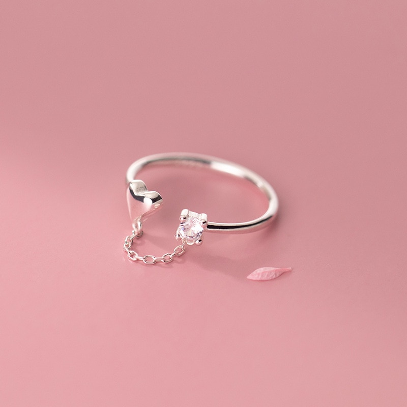VIVILADY 925 Sterling Silver Heart Chain Zircon Opening Ring for Women Minimalist Elegance Sweet Fine Jewelry Drop Shipping