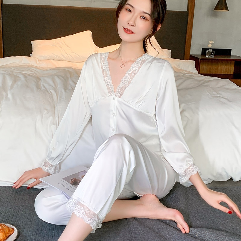 Female Pajamas Two Piece Set Sexy Lace Trim V-Neck Sleepwear Pyjama Pour Femme Spring Summer Silk Rayon Home Clothes Lounge Wear