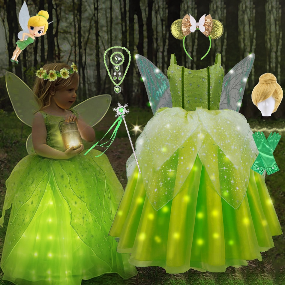 Disney Tinkerbell Fairy Dresses LED Light Up for Girls Costume Kids Cosplay Flower Fairy Princess Clothes Christmas Party Outfit
