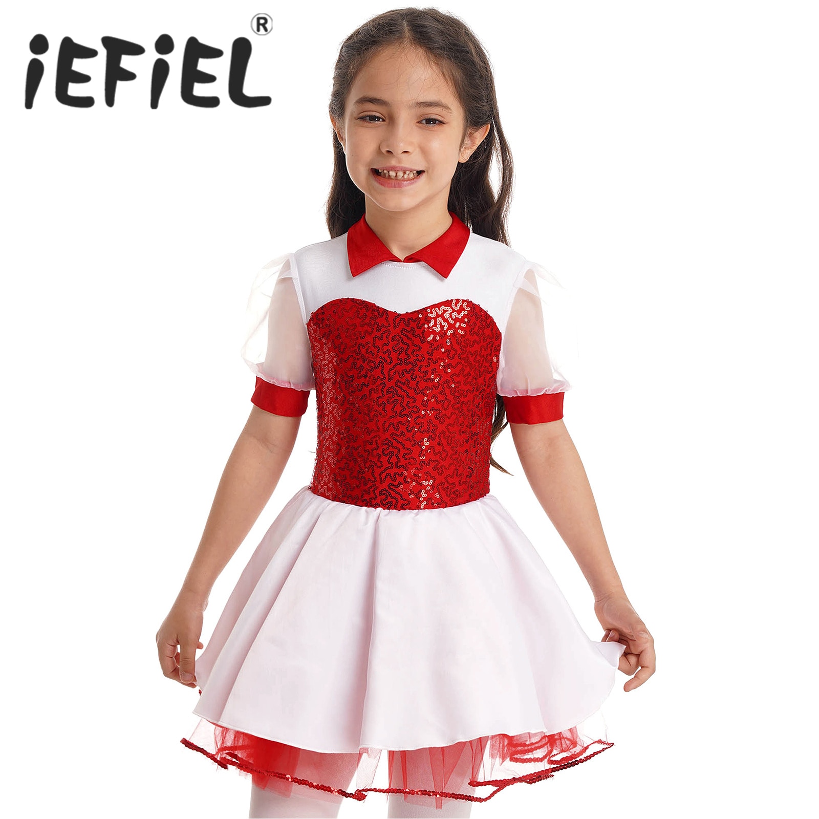 Kids Girls Nurse Costume Short Bubble Sleeve Glitter Sequins Mesh Dress for Halloween Carnival Cosplay Themed Party Performance