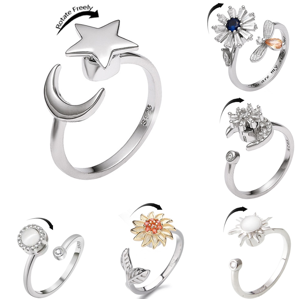 New 100%925 Sterling Silver Anxiety Rotary Ring Fidget Adjustable Rotating Zircon Ring Women's Engagement Wedding Luxury Je