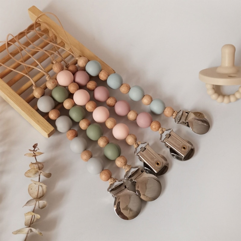 Baby Pacifier Clip Anti-drop Silicone Bead Chain Heart Shape Clip Crib Hanging Pendant Infant Nipple Clip Soother Chain