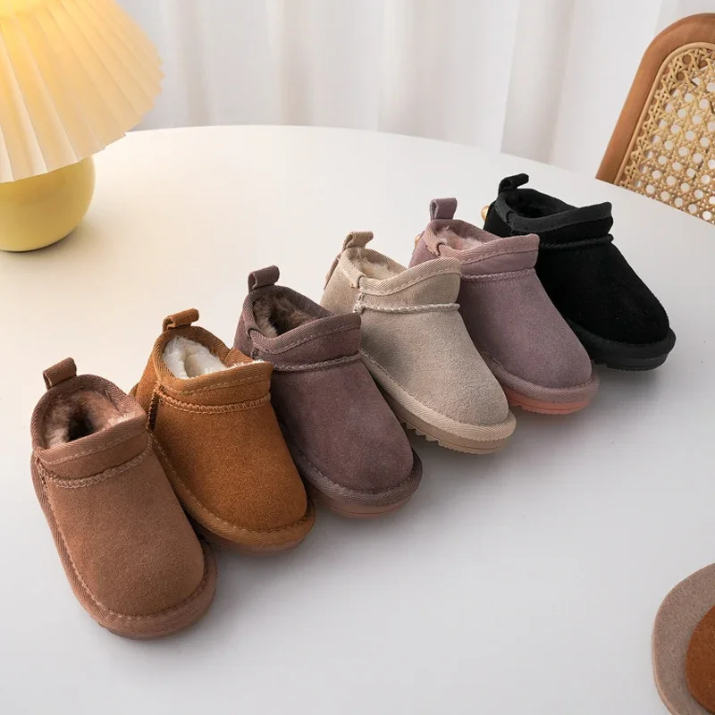 Kids Genuine Cowhide Snow Boots Winter Baby Soft Warm Cotton Shoes With Plush Boys Girls One Fur