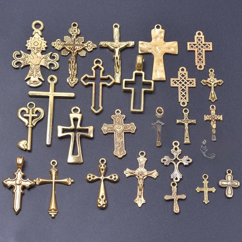 25Pcs/Lot Mix Cross Charm Christ Religious Alloy Gold Color Charms for Jewelry Making Amulet Pendant