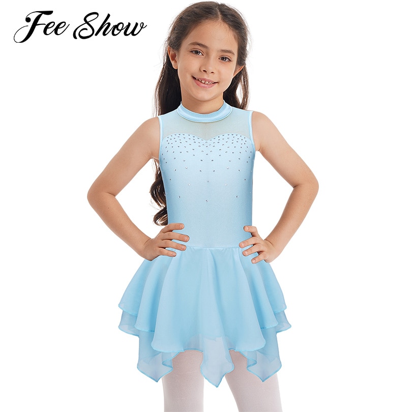 Kids Girls Ballet Leotard Costume Sleeveless Round Collar Shiny Rhinestone Mesh Patchwork Hollow Back Figure Skating Dance Dress