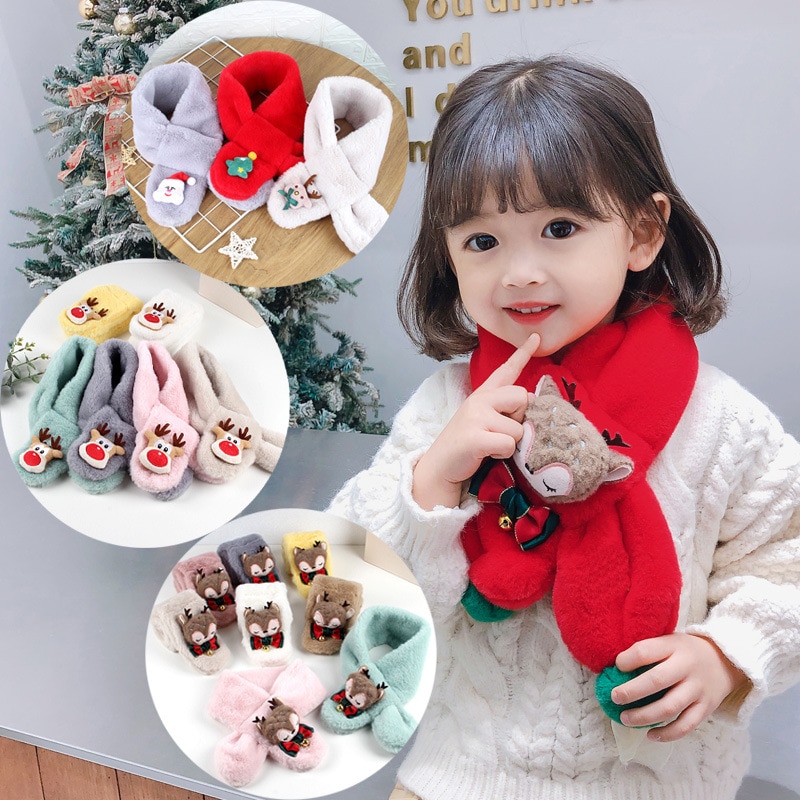 Soft Kids Christmas Scarf With Cartoon Child Girl Scarf Baby Thick Warm Scarf Outdoor Winter Neckerchief Plush Accessories