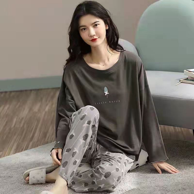 Pure Cotton Pajamas Women's Spring and Autumn Models Long-sleeved Home Service Women's Simple Loose Casual Suit Large 