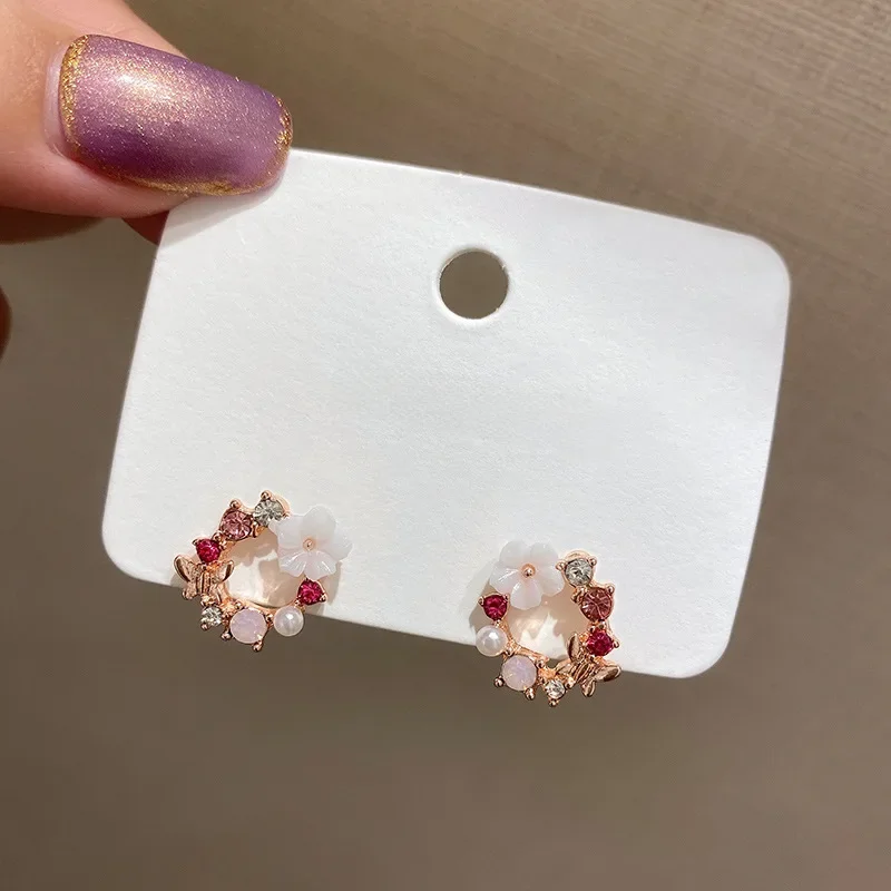 Korean Round Flower Bowknot Stud Earrings Small Colorful Enamel Crystal Rhinestone Wreath Garland