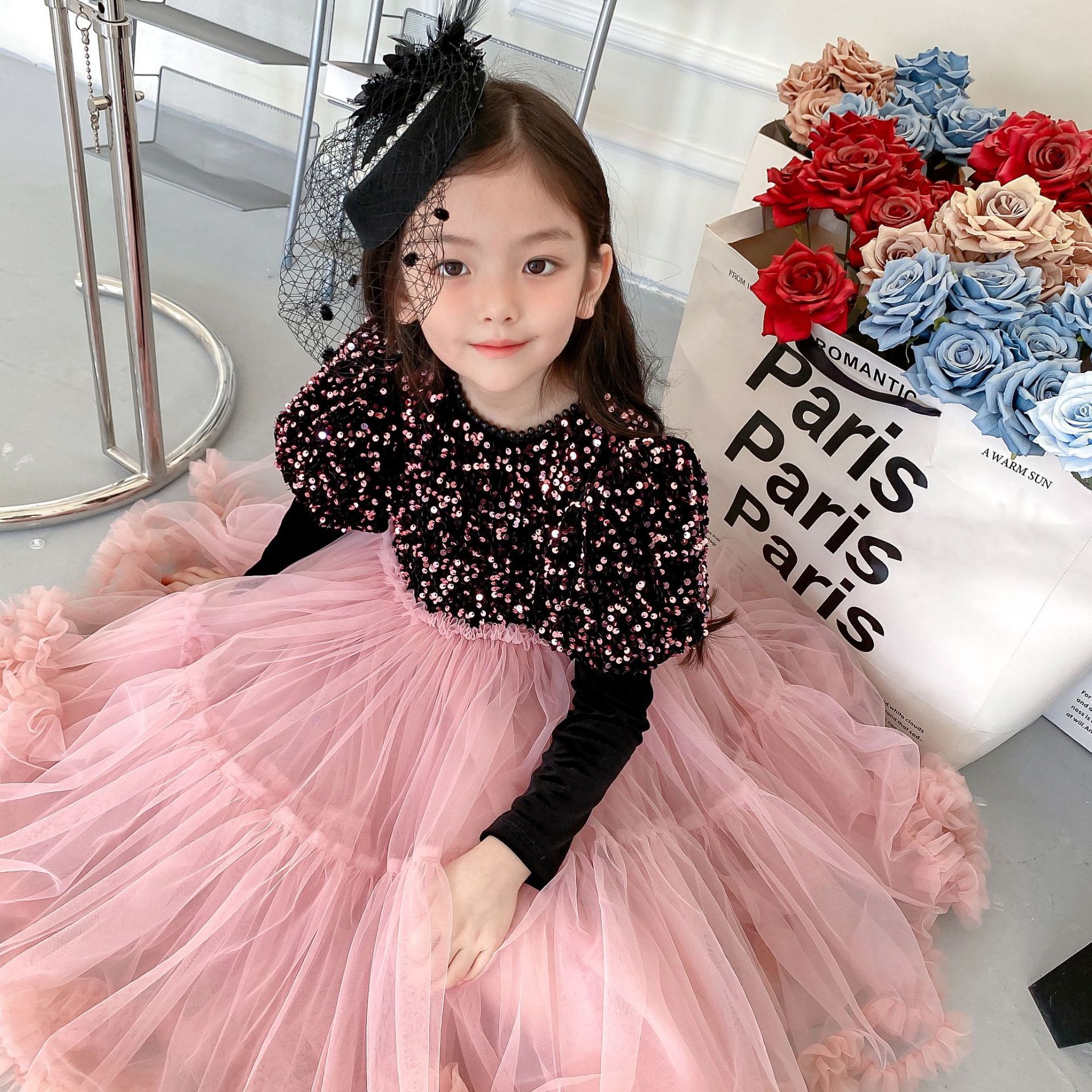 Girls Sequins Princess Gauze Tutu Dress Girls' High-end Christmas Holiday Dress Westernized Birthday Dress