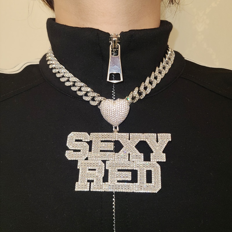 Customized Name Necklace AAAA Zirconia Baguette Letters With Big Heart Hoop Cuban Chain Pendant For Men Women Hip Hop