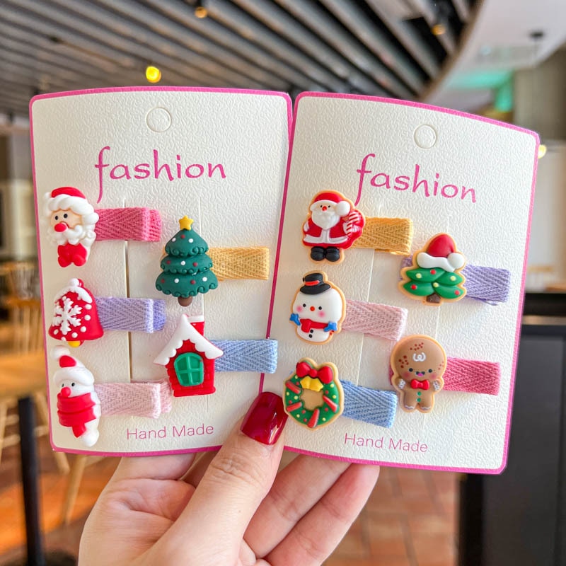 5pcs Children Christmas Hairpin Cute Snowman Christmas Tree Fabric Hair Clips Headwear Kids Hair Accessories Girls Gifts