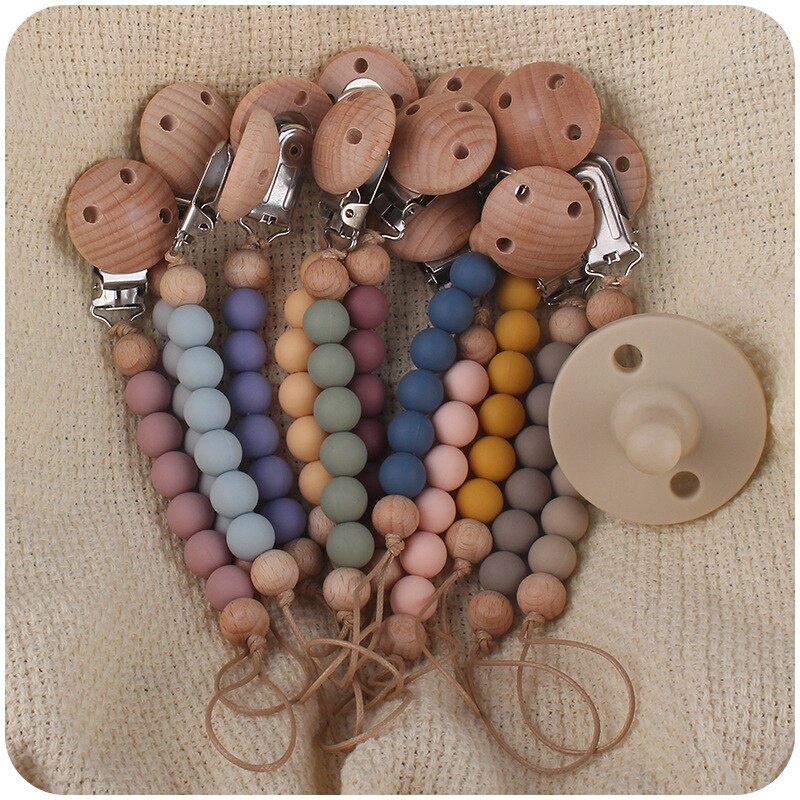 Beech Silicone Chew Beads Pacifier Clips Dummy Chain Newborn Soother Clips Nipple Holder For Babies Teething Toy Baby Teether
