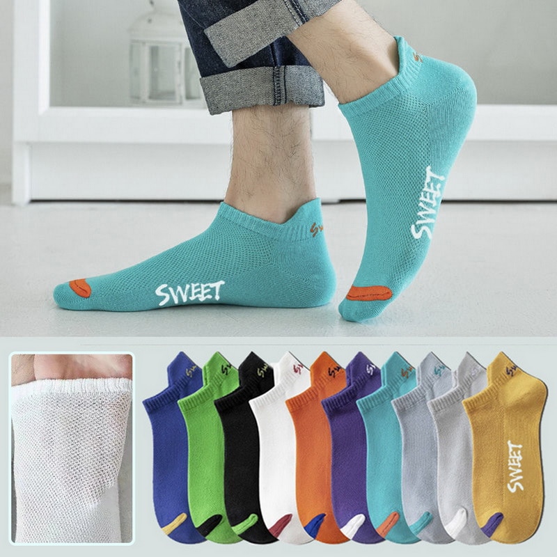Men'S Ankle Socks Fashion Solid Color Letter Elastic Mesh Breathable Deodorant Men'S Basketball Short Socks