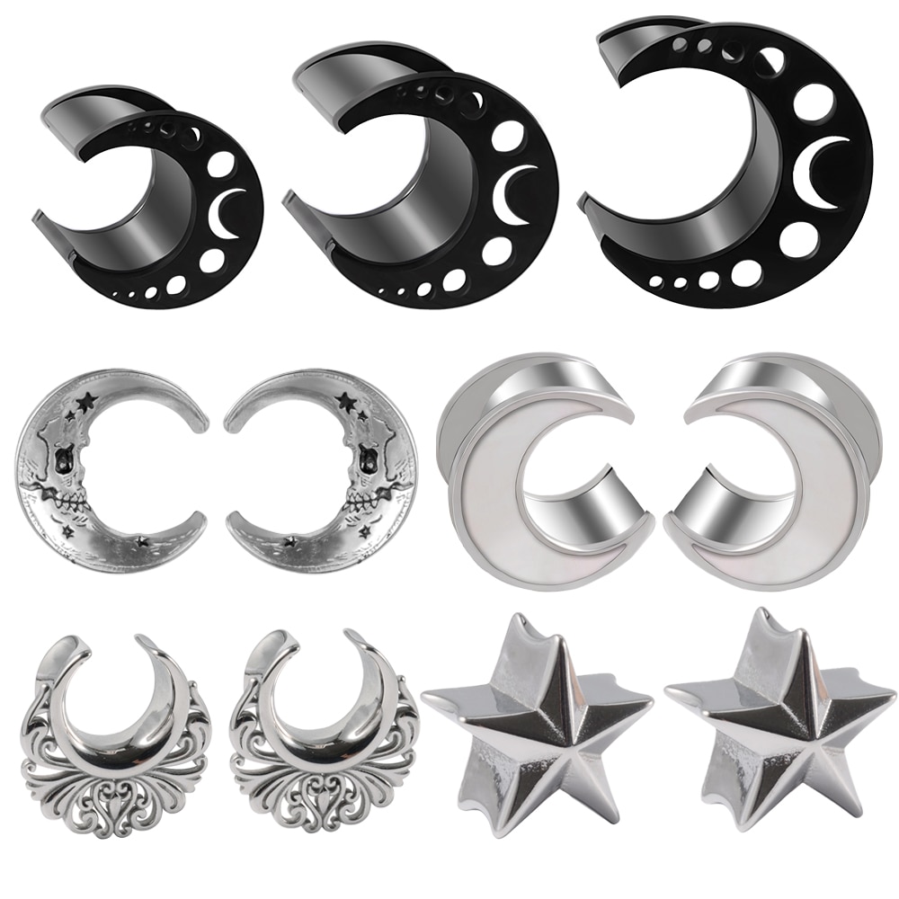 2pcs Stainless Steel Moon Ear Gauge Tunnel Stretcher Star Ear Plugs Expander without Thread Trendy Body Piercing Jewelry 8-16mm