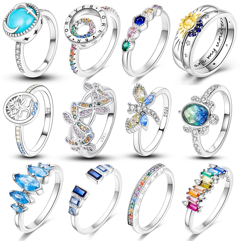 2022 Real 925 Sterling Silver Colorful Cubic Zircon Dragonfly Sun Moon Rings For Women Wedding Engagement Birthday Jewelry Gifts