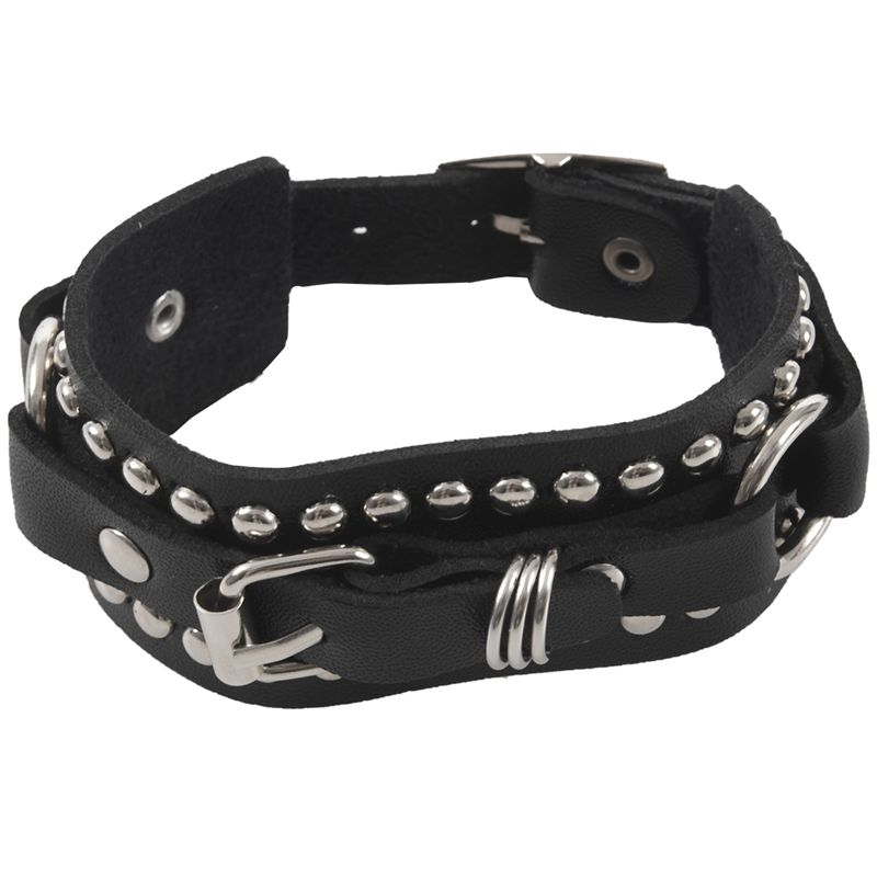 Fashion Punk Rivet Stud Fashion Unisex Leather Belt Bangle Bracelet (Black)