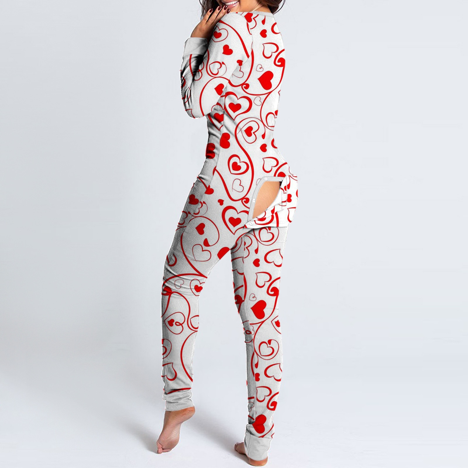 Women Sexy Pajama Romper Open Butt Botton Long Sleeve Jumpsuit Deep V Valentine's Day Stretchy Print Playsuit Long Nightwea