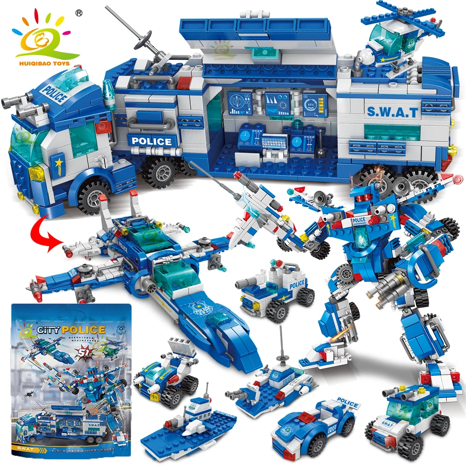 HUIQIBAO 700PCS 8in1 City Police Command Trucks Building Blocks Policeman Robot Car Helicopter Model