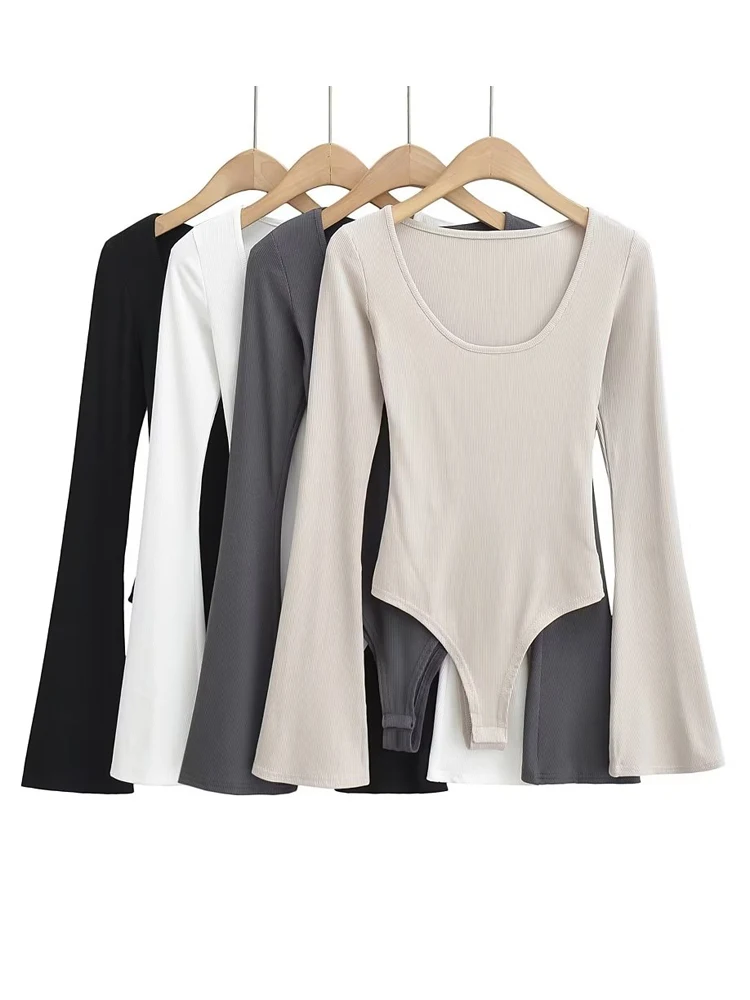 Women Flare Sleeve Knitted Bodysuits Spring Autumn Elegant 4 Colors Black White Jumpsuits
