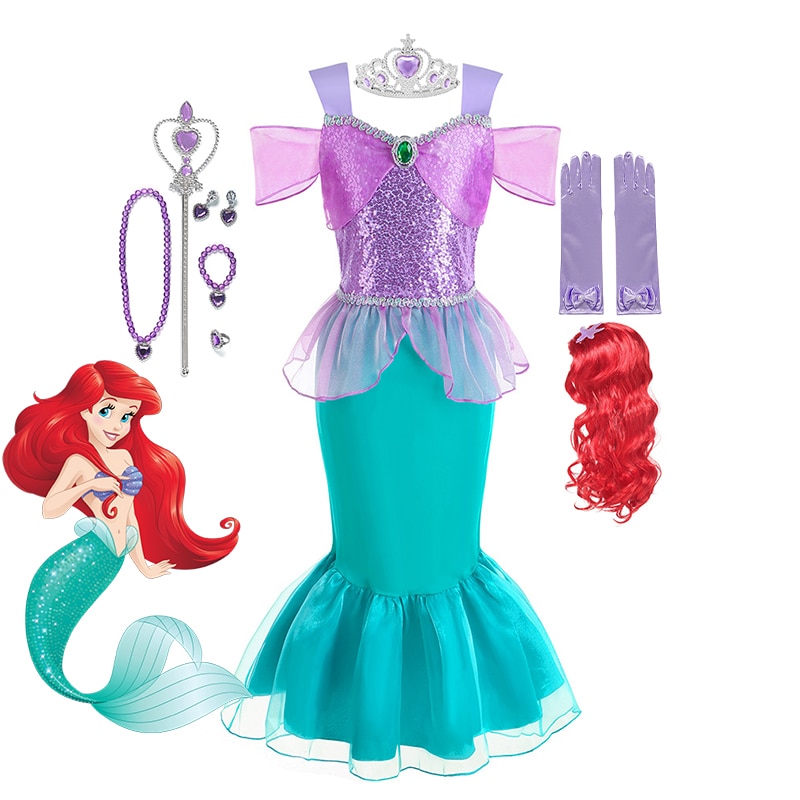 2023 Disney Little Mermaid Ariel Princess Costume Kids Dress For Girls Cosplay Children Carnival Birthday Party Mermaid Dress