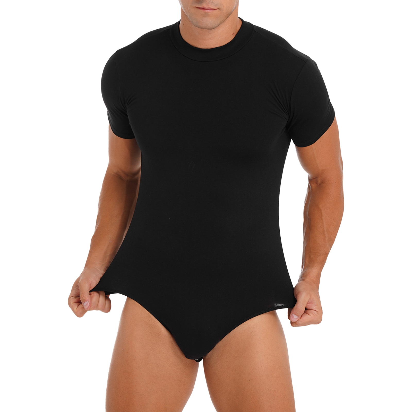 Mens Solid Color Skinny Jumpsuit Bodysuit Shirts Crew Neck Short Sleeve Leotard Undershirt Press Button Crotch Casual Bodysuit