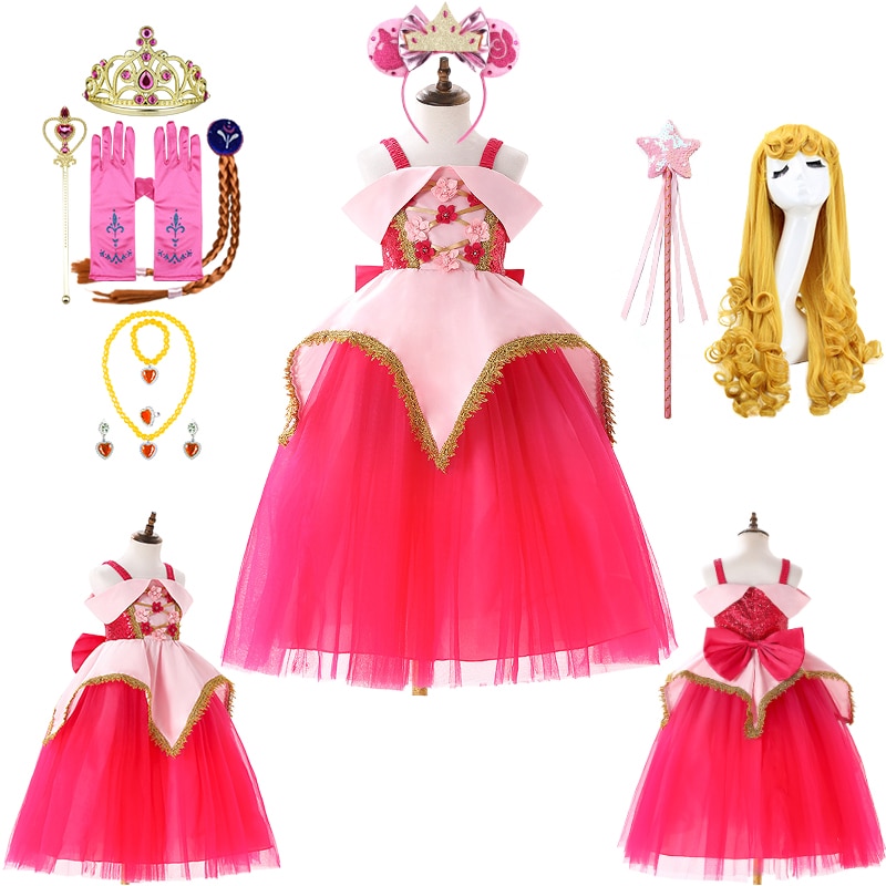 Fantasia Girl Cosplay Aurora Princess Dress Up Kids Shoulderless Sequin Floral Ruffle Style Gown Sleeping Beauty Party Dresses
