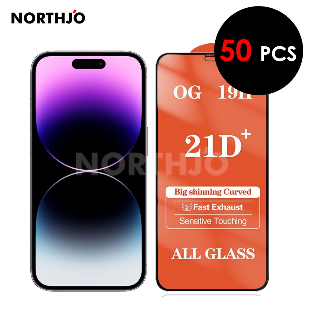 50 Pcs 21D+ Tempered Glass Film Full Covering Silk Printing Screen Protector For iPhone 14 Plus 13 12 11 Pro XS Max Mini XR 7 8