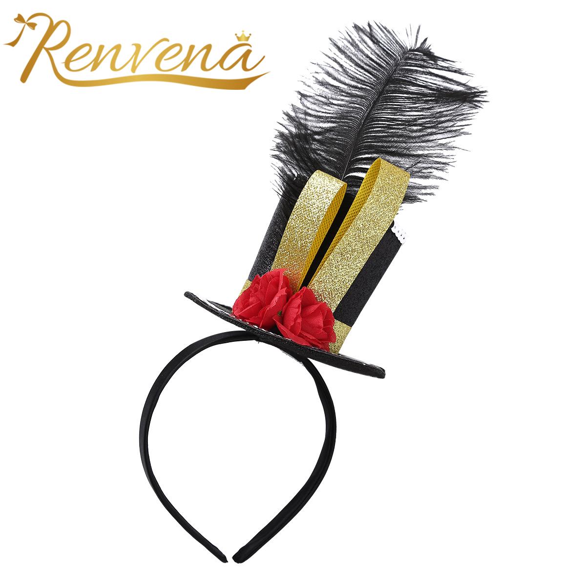 Kids Girls Circus Ringmaster Costumes Steampunk Hair Hoop with Feather Rose Mini Top Hat Headband for Halloween Carnival Party